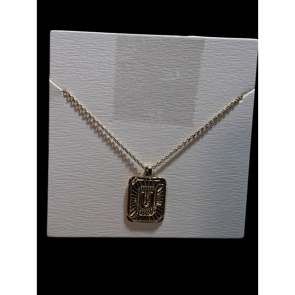 Gold Initial Necklace Letter U Rectangular Sunburst‎ Pendant Cable Chain Jewelry